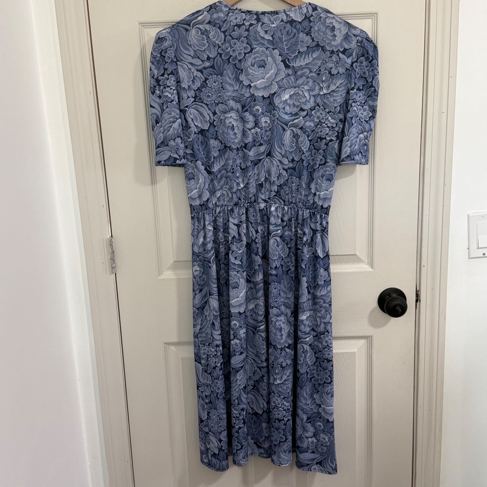 Tabby of California Blue Floral Midi Dress Vintage 90s Puff Sleeve Petite 16P - Picture 2 of 11